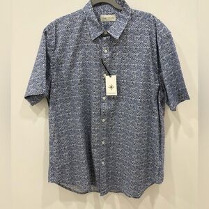 NWT COASTAORO Mens Short Sleeve Button Down Blue Geometric Shirt 100% Cotton
